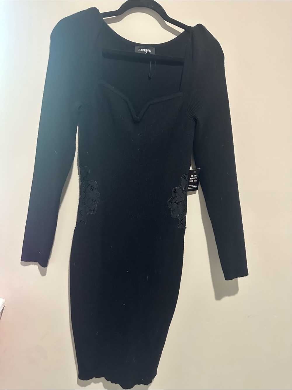 Express Black Long-Sleeve Knit Bodycon Dress with Lace Insets